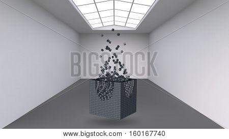 Hanging the cube from a multitude of small polygons in the large empty room. Exhibition space with abstract cubic shapes. The cube at the moment of explosion is divided into fine particles