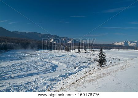 Mountain river and frosted trees with fog