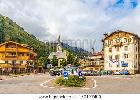 ARABBA,ITALY - SEPTEMBER 18,2016 - In the streets of Arabba village. The village of Arabba is surrounded by the most beautiful peaks of the Dolomites.