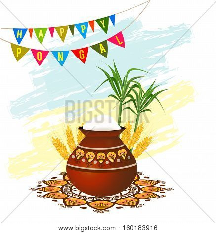 Happy Pongal South Indian harvesting festival greeting card with pongal rice in a traditional mud pot, wheat grain and bamboo. Vector illustration.
