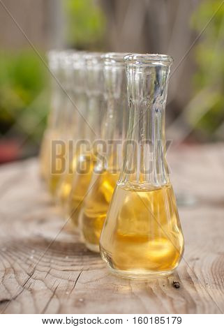 Plum Brandy In Shot Glasses On Wooden Table
