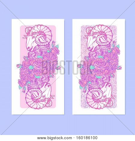 Verticall banners with Zodiac Aries and a decorative frame of roses. Astrology web element. Sketch in tender pastel colors isolated on elegant pattern background. EPS10 vector illustration