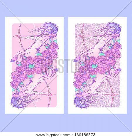Horizontal banners with Zodiac Aries and a decorative frame of roses. Astrology web element. Tattoo design. Sketch in pastel pallette isolated on elegant pattern background. EPS10 vector illustration