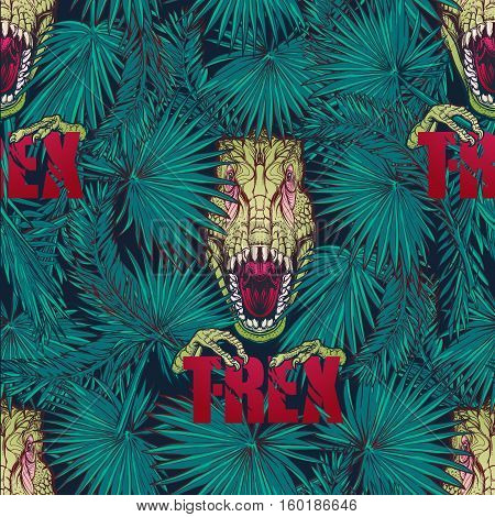 Paleonthology seamless pattern. Detailed sketch style drawing of the roaring tirannosaurus rex hiding among tropical palm tree leaves. Vivid colors. EPS10 vector illustration.