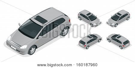3-door Hatchback car isolated. Vector isometric icons set. Car vector template on white background. The ability to easily change the color. Urban transport