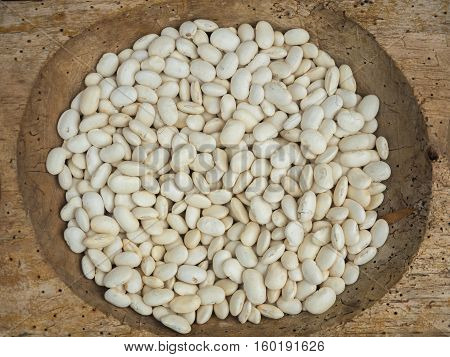 Background of the white shelled beans at the market close up. Shelled beans pattern close up.