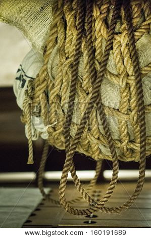 Cargo in the ropes on the ship. Cord