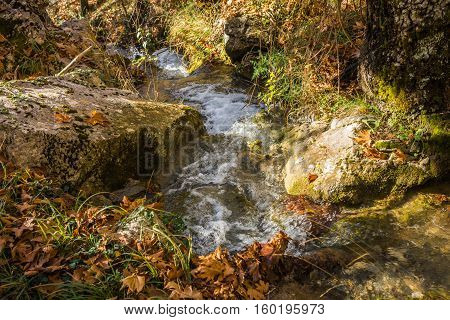 Scenic Mountain Autumn Landscape With River And   Watergfalls, Peloponnese, Greece