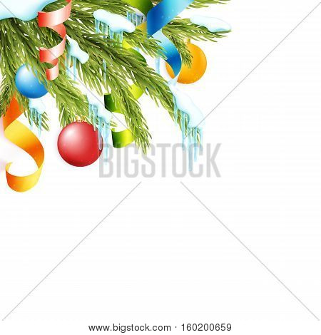 Realistic christmas background with fir tree, snow, icicles, balls and ribbons, vector illustration