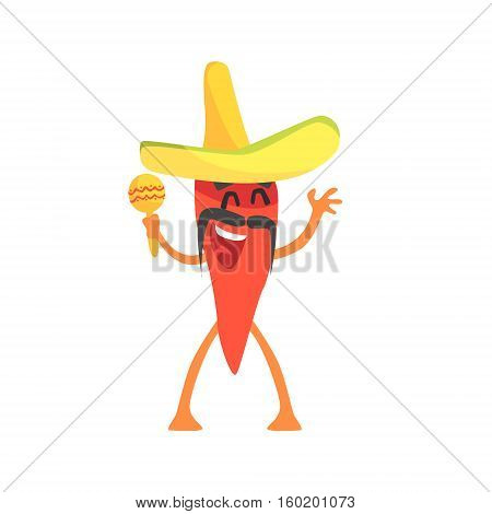 Red Hot Chili Pepper Humanized Emotional Flat Cartoon Character With Sombrero And Maracas. Funny Spicy Vegetable Flat Vector Emoji In Childish Manner.