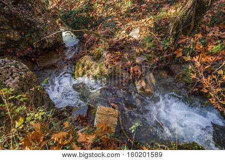 Scenic Mountain Autumn Landscape With River And   Watergfalls, Peloponnese, Greece