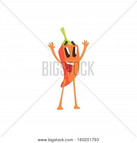 Happy Red Hot Chili Pepper Humanized Emotional Flat Cartoon Character Cheering And Greeting. Funny Spicy Vegetable Flat Vector Emoji In Childish Manner.