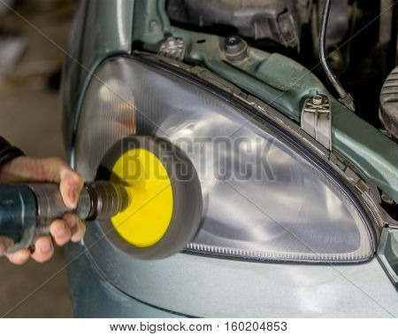 front headlight polishing renewed plastic headlamp closeup