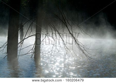 Morning fog on the river, sunrise shot, khakasia