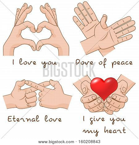 Vector Set of hands depict the enternal love and peace. Valentine Day concept illustration on white background.