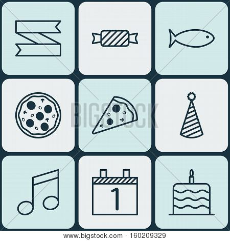 Set Of 9 Happy New Year Icons. Can Be Used For Web, Mobile, UI And Infographic Design. Includes Elements Such As Sweet, Note, Slice And More.