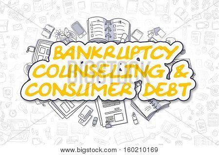 Bankruptcy Counseling And Consumer Debt Doodle Illustration of Yellow Inscription and Stationery Surrounded by Cartoon Icons. Business Concept for Web Banners and Printed Materials.