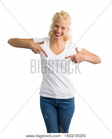 Woman in white V-neck Tshirt pointing at it with both hands