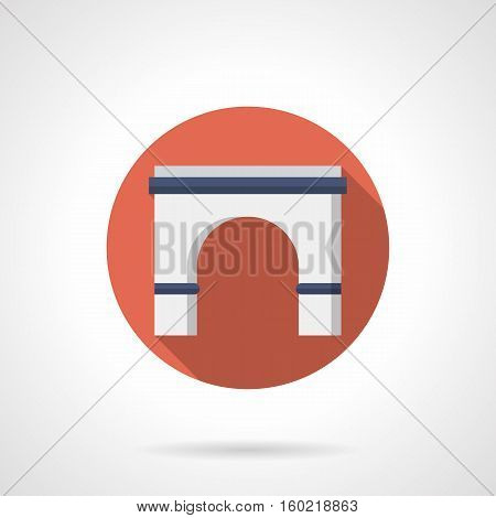 Stone semicircular arch with long shadow. Classic arched building entrance, decorative facade element, gates and doorway. Red round flat color design vector icon.