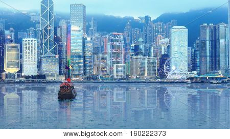 Hong Kong Victoria's harbour evening cruise on authentic junk boat with red sails