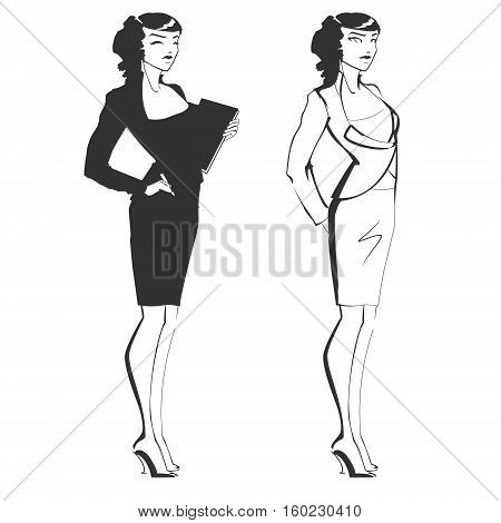 Girl administrator or business lady. Successful woman on administrative position or the manager in a business suit with the tablet. Slender and beautiful business lady. The vector drawing.
