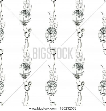 Seamless floral with abstract black and white flowers. Floral outline monochrome background.