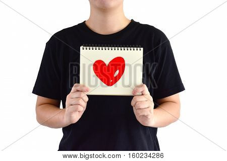 Asian man wear black shirt ,heart on the paper with white background