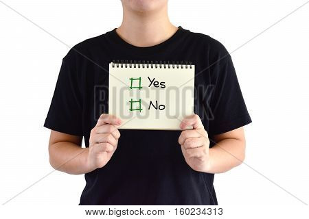 Asian man wear black shirt ,with yes or no paper and white background