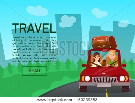 Happy couple. car trip. Young family Man Driving. Banner concept