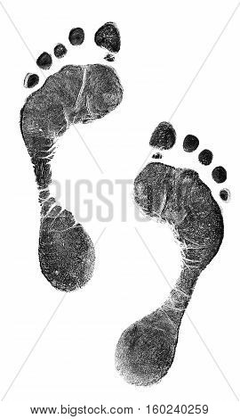 Black prints of feet on transparent paper. Black footprint. Isolated on white.