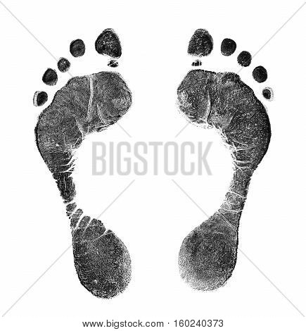 Black prints of feet on transparent paper. Black footprint. Isolated on white.