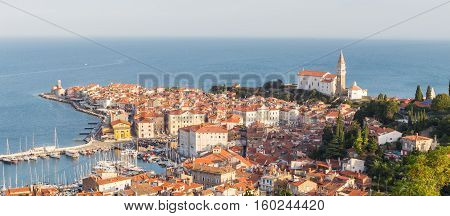 Picturesque old town Piran on Slovenian adriatic coast in afternoon sun.
