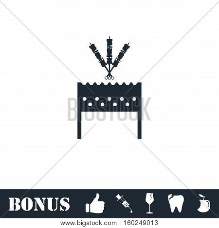 Barbecue grill with shashlik icon flat. Vector illustration symbol and bonus pictogram