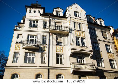 Art Nouveau house in Munich, blue sky,