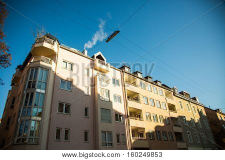 Old apartments in Munich, blue sky, architecture