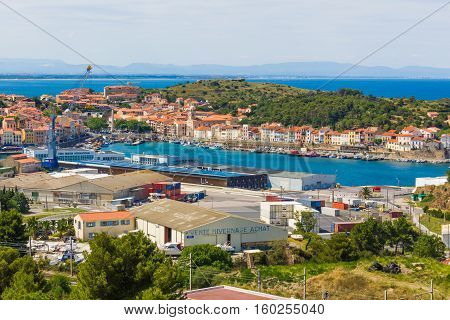 PORT-VENDRES FRANCE - JUNE 26 2016: View of the Mediterranean town and fishing harbor of Port-Vendres France