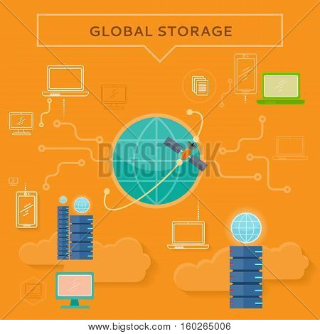 Global storage web banner in flat style. Cloud information saving. Servers, globe, satellite, computer networks icons. Illustration for video presentation or corporate ad animation clip