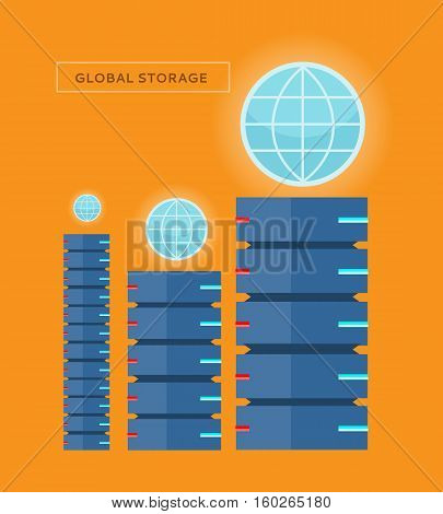 Global storage web banner in flat style. Cloud information saving. Servers, globe, satellite, computer networks icons. Illustration for video presentation or corporate ad animation clip