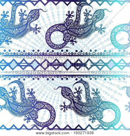 Vector vintage seamless ethnic pattern image lizards and lines, to be applied to any surface, can be used for a textile, coloring book, prints, phone case and card. Australian and Indian ornament