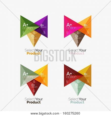 Set of triangle option infographic layouts. Select your product concept, make a choice idea