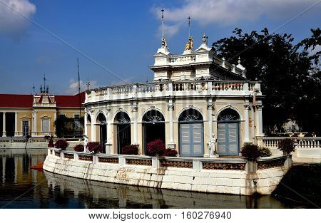 Bang Pa-In Thailand - December 28 2009: Reception Hall built over a lagoon in a semi-circular classical European style at the Bang Pa-In Royal Summer Palace