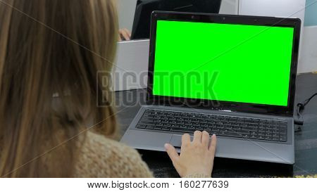 Woman using laptop with green screen. Business, communication, freelance and internet concept