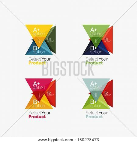 Set of triangle option infographic layouts. Select your product concept, make a choice idea