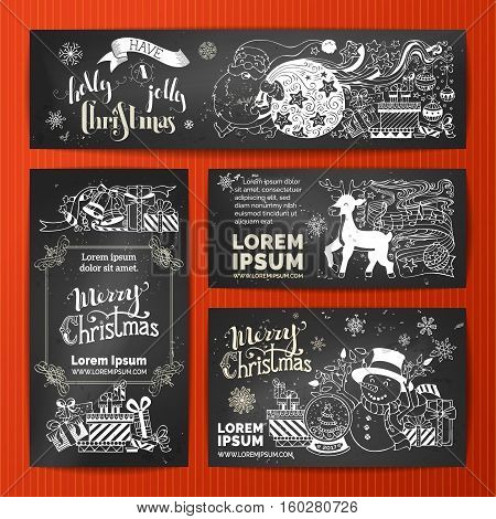 Vector set of chalk Merry Christmas banners on blackboard background. Christmas decorations Santa with sack and gifts snowman with garland deer snow globe candy cane hand-written lettering.