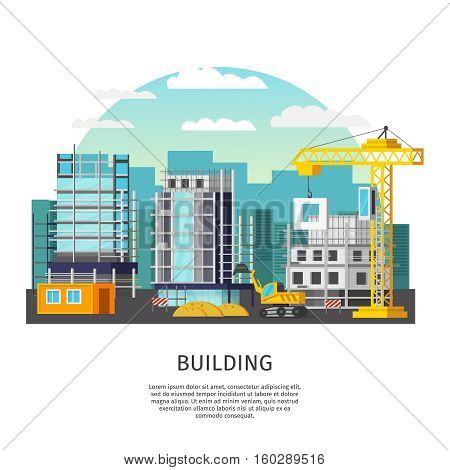 Building work orthogonal design with houses in scaffolding and construction equipment on city background vector illustration