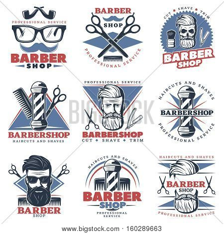 Set of nine isolated colorful emblems with barber hipster character images barbershop decorative accessories and captions vector illustration