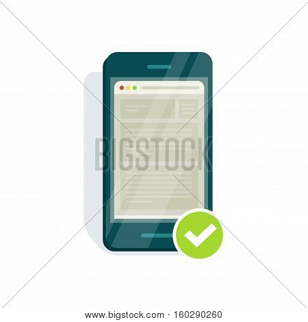 Mobile adapted website icon vector illustration, flat style smartphone with mobile browser, web page browser and checkmark, mobile responsive compatible site isolated on white background