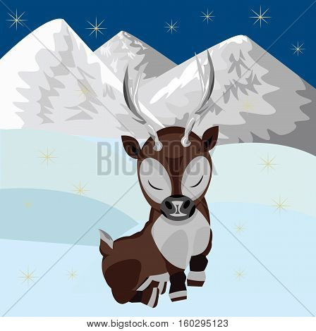 Baby reindeer sleeping at night in their snowy environment