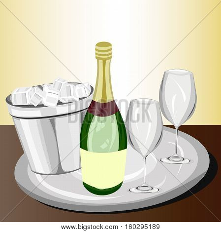 Bottle of champagne next to two glass with its respective bucket of ice, served in a tray on a bar