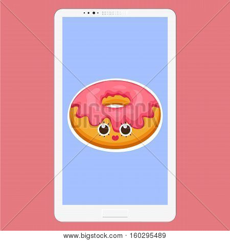 Smartphone with Donut in flat cartoon style. Background of donut with pink glaze dessert emoticon characters fun face in the screen. Vector Illustration eps 10 for your design